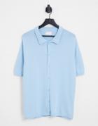 Asos Design Oversized Knitted Button Through Polo Shirt In Bright Blue