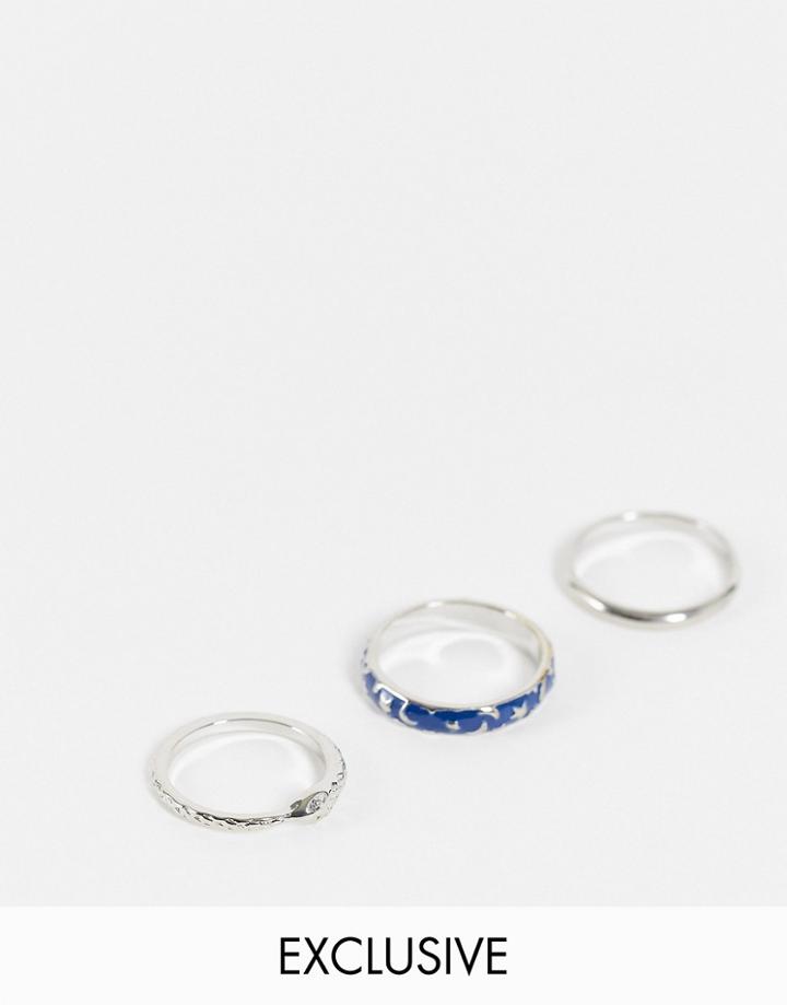 Reclaimed Vintage Inspired 3-pack Rings With Cosmic Detail In Silver