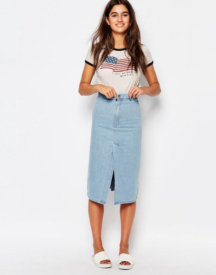 Pull & Bear Denim Midi Skirt - Lightblue