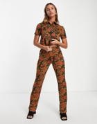 Vila Knitted Flared Pants In Retro Floral Print - Part Of A Set-multi