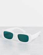 Asos Design Mid Rectangle Sunglasses In White Recycled Frame With Ink Green Lens