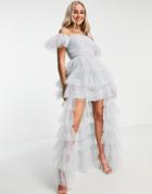 Lace & Beads Ruffle Shoulder High Low Maxi Dress In Gray
