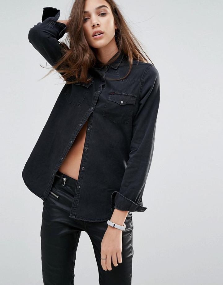 Pull & Bear Denim Shirt With Western Pockets - Black