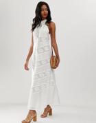 Asos Design Halterneck Maxi Dress With Lace Inserts-white