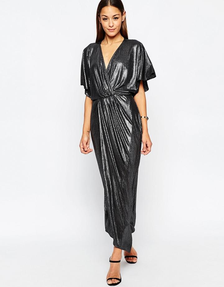 Asos Metallic Wrap Kimono Maxi Dress - Silver