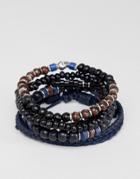 Asos Design Navy Bracelet Pack With Beads And Skull In Brown And Black - Navy