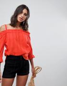 Lavand Gathered Neck Cold Shoulder Top - Red