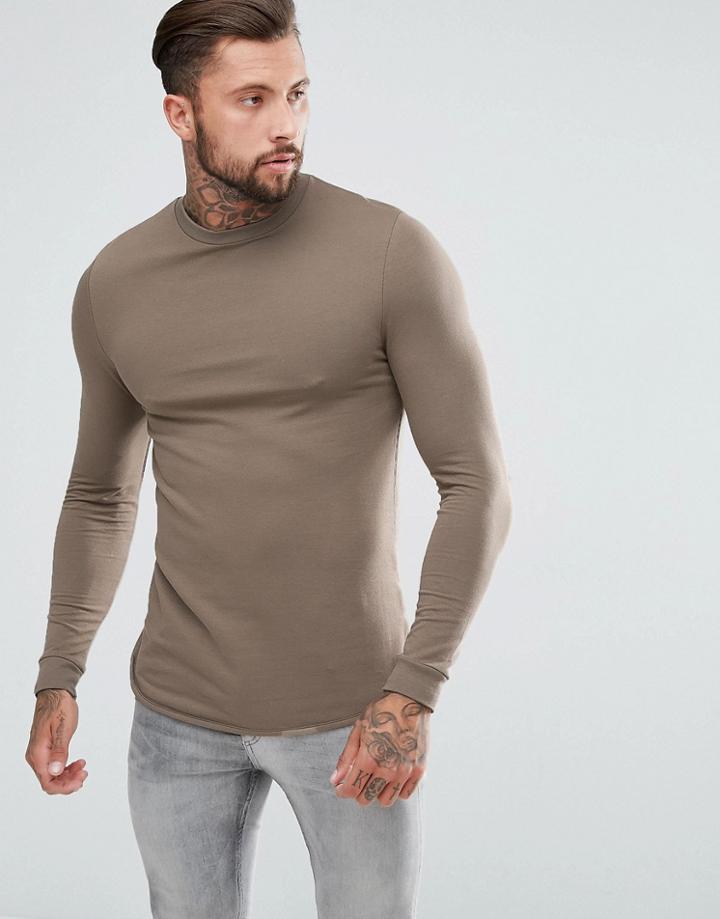 Asos Longline Muscle Sweatshirt With Curved Hem And Insert - Beige