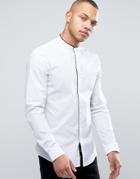 Asos Slim Shirt With Stretch In White With Grandad Collar And Piping - White