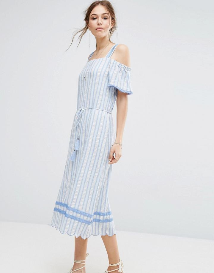 Moon River Cold Shoulder Dress With Trim Detail - Blue