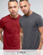 Asos 2 Pack T-shirt In Charcoal Marl/red With Crew Neck Save - Multi