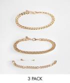Asos Design 3 Pack Bracelets With Vintage Style Chains In Gold Tone
