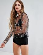 Motel Sheer Long Sleeve Top With Glitter Stars In Mesh - Black