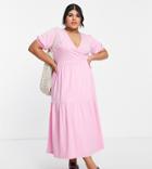 Asos Design Curve Tiered Midi Wrap Dress With Puff Sleeve In Bright Pink