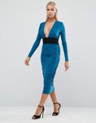 Hedonia Long Sleeve Pencil Dress With Contrast Waistband - Blue