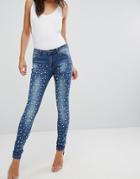 Prettylittlething Pearl Embellished Jeans - Blue