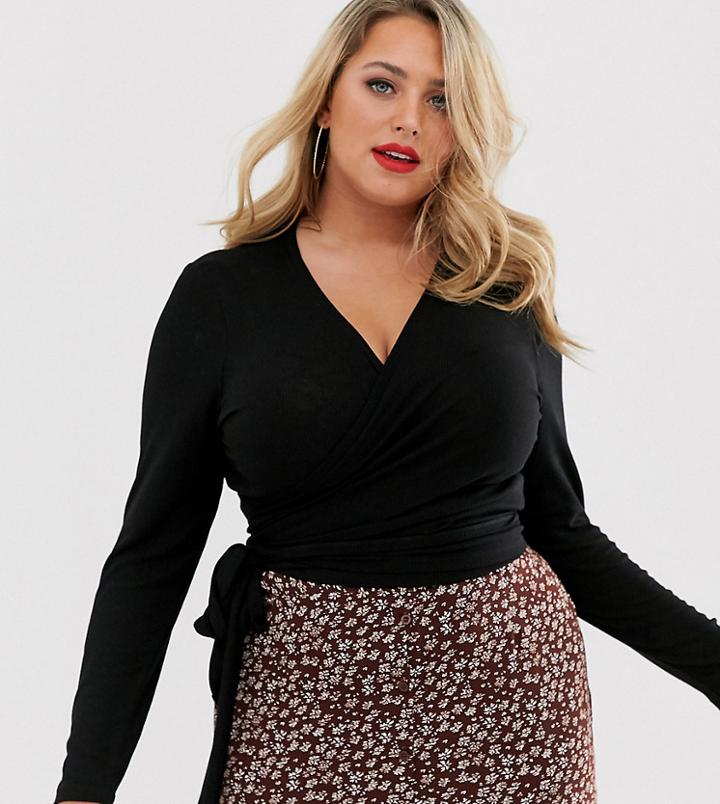 Asos Design Curve Wrap Top In Rib With Long Sleeve