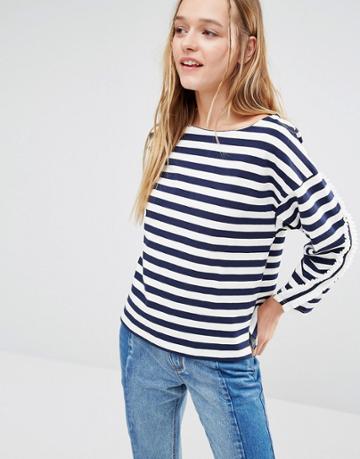 I Love Friday Long Sleeve Top With Frill Detail In Breton Stripe - Navy