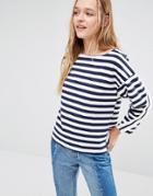 I Love Friday Long Sleeve Top With Frill Detail In Breton Stripe - Navy