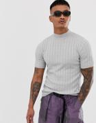 Asos Design Knitted Ribbed Turtle T-shirt In Light Gray Twist - Gray