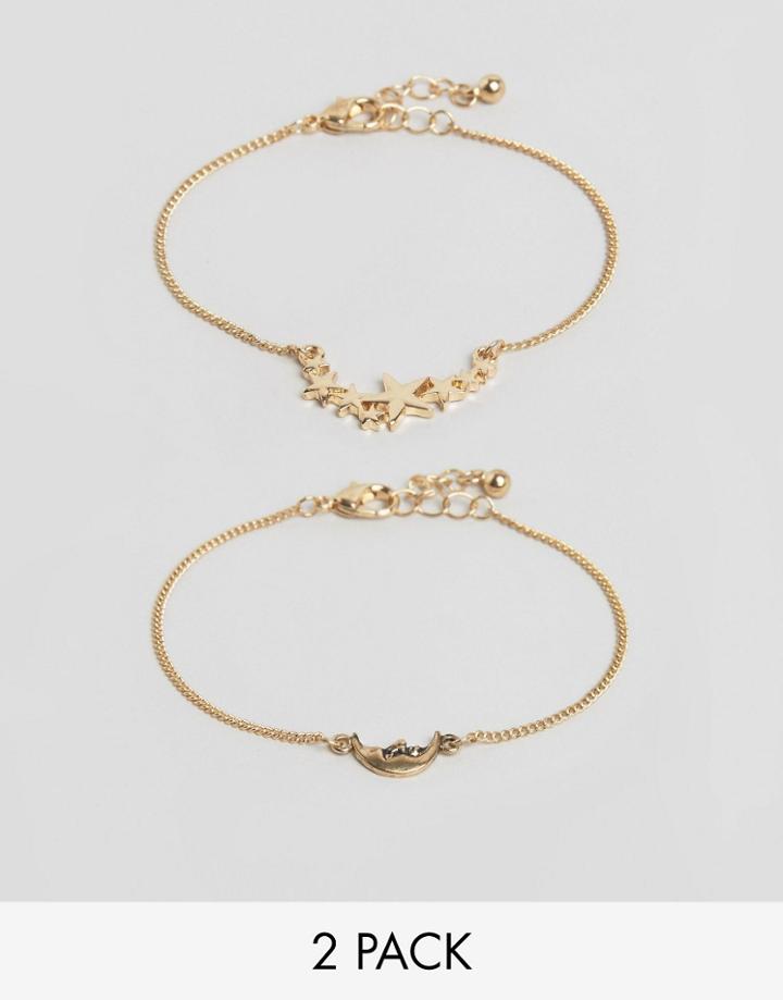 Asos Pack Of 2 Moon And Star Chain Bracelets - Gold