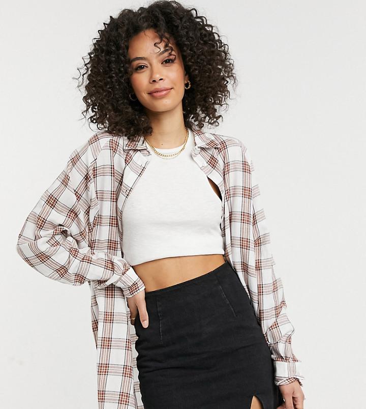 Asos Design Tall Long Sleeve Boyfriend Shirt In Tan & Ivory Check-multi