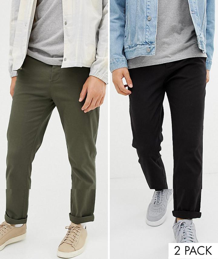 Asos Design 2 Pack Slim Chinos In Khaki/black Save-multi