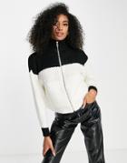 Topshop Knitted Zip Color Block Boucle Sweater In Monochrome-black
