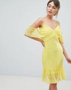 Liquorish Cold Shoulder Lace Dress With Frill-yellow