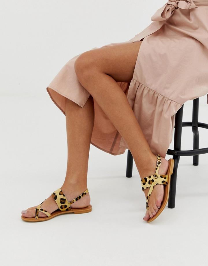 Asos Design Flisse Leather Flat Sandals In Leopard-multi