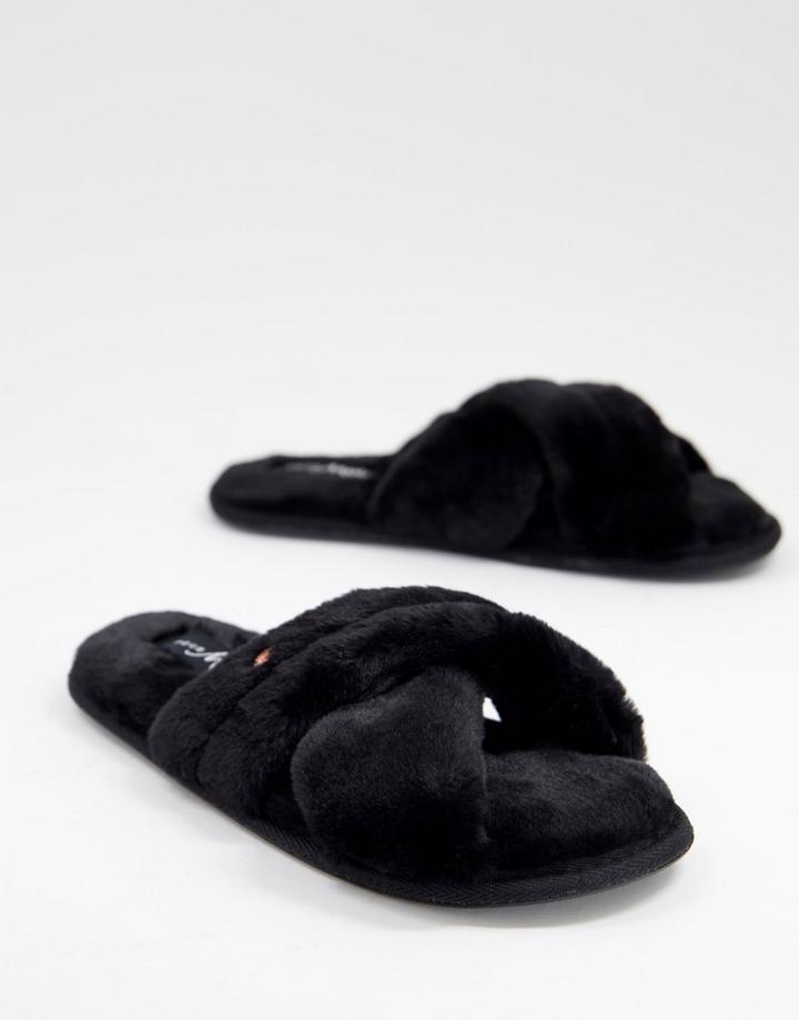 Pour Moi Faux-fur Crossover Slide Slippers In Black