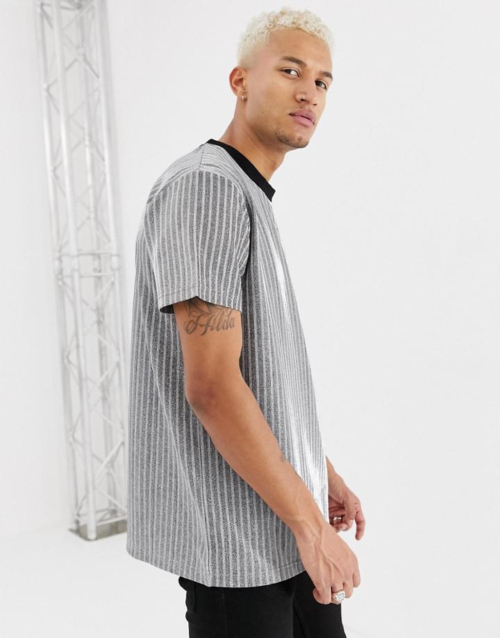 Night Addict Metallic Silver Stripe Oversized T-shirt - Silver