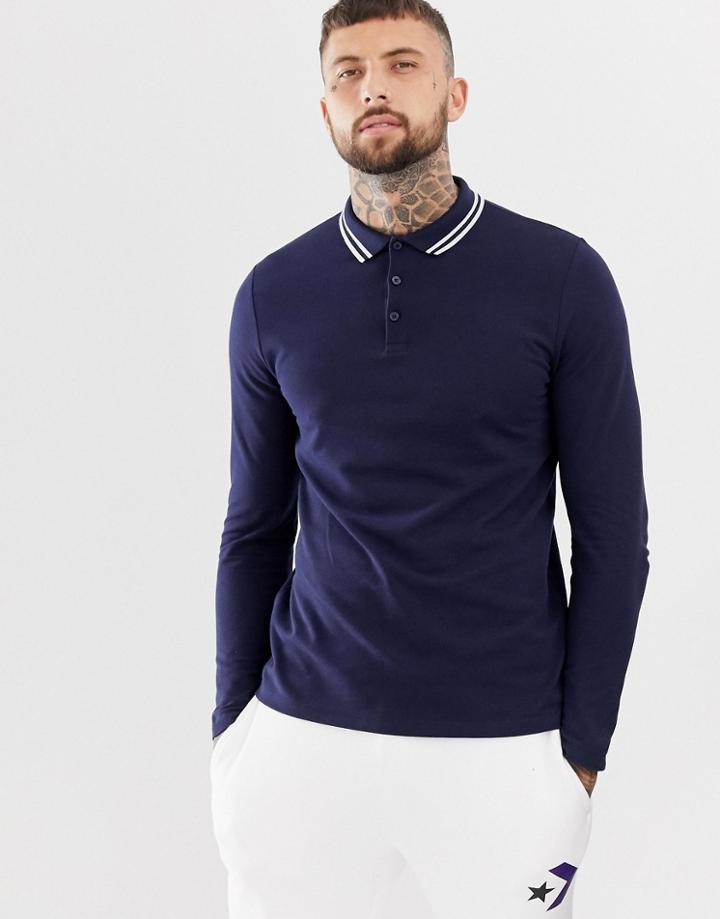 Asos Design Long Sleeve Pique Polo Shirt With Tipping In Navy - Navy
