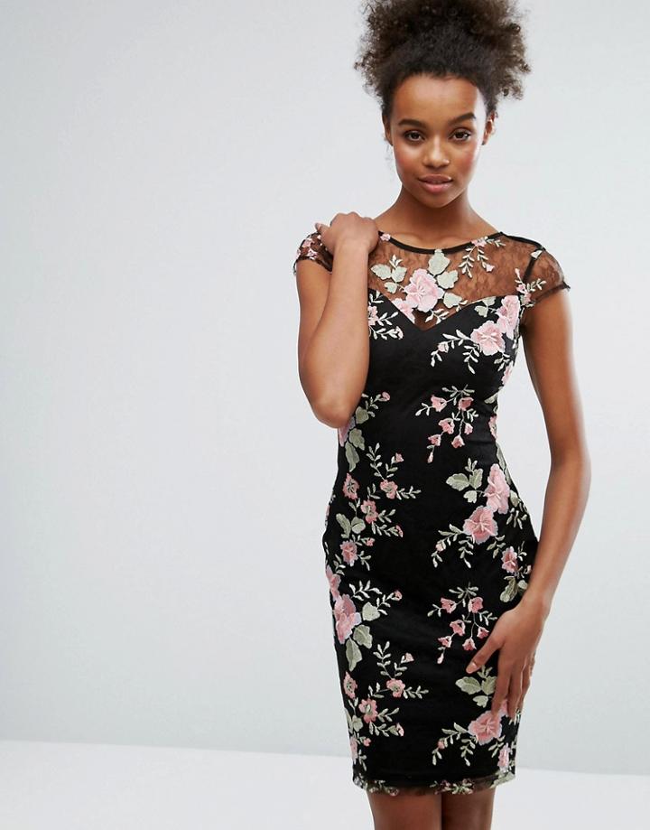 Lipsy Embroidered Capped Sleeve Dress - Black