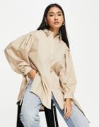 Topshop Tie Back Oversized Shirt In Camel-neutral