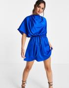 Asos Design High Neck Satin Mini Dress With Ruched Dress And Button Detail In Blue-blues