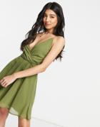 Asos Design Cami Wrap Mini Dress With Lace Up Back In Khaki-green