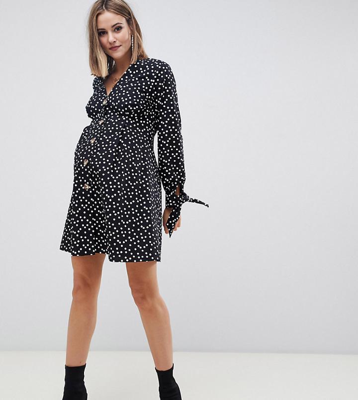 Asos Design Maternity Button Through Mini Skater Dress With Tie Sleeves In Spot-multi