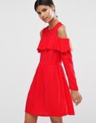 Asos Mini Cold Shoulder Dress With Ruffle Detail - Red