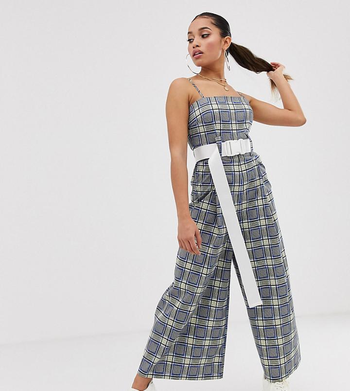 Collusion Petite Check Wide Leg Jumpsuit With Belt - Multi
