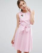 Trollied Dolly Gingham Skater Dress With Tie Waist And Rose Badge - Pink