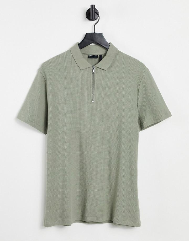 Asos Design Waffle Polo With Quarter Zip In Khaki-green