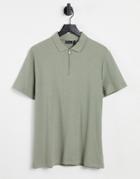 Asos Design Waffle Polo With Quarter Zip In Khaki-green