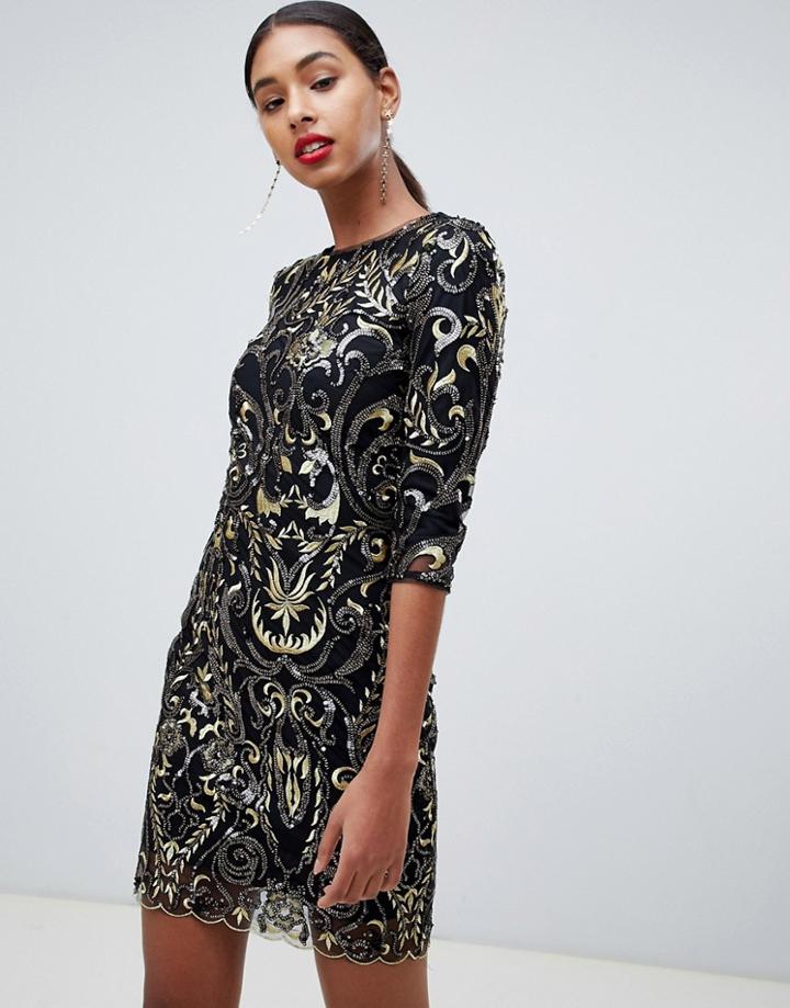 Tfnc Patterned Sequin Mini Bodycon Dress With Scallop Open Back In Black - Multi