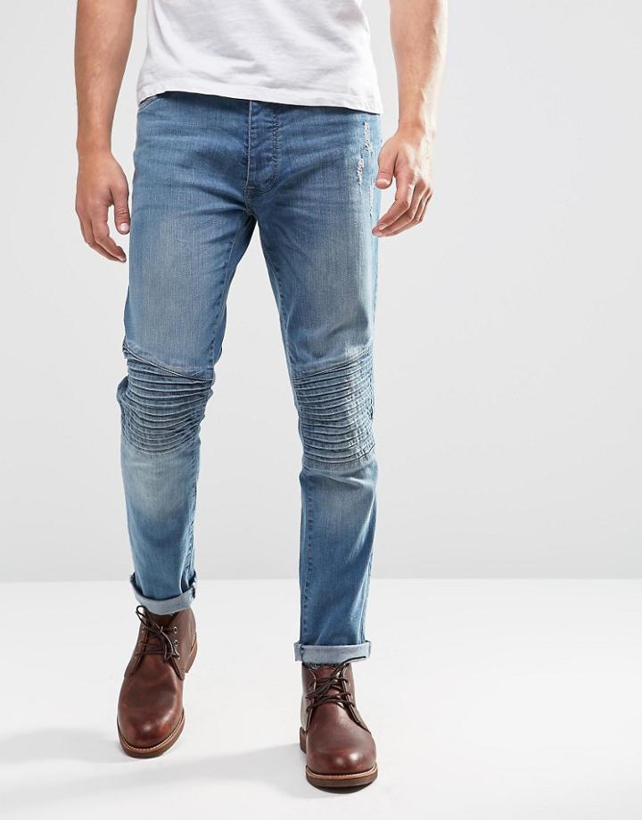 Brave Soul Light Wash Biker Stretch Skinny Jeans - Blue
