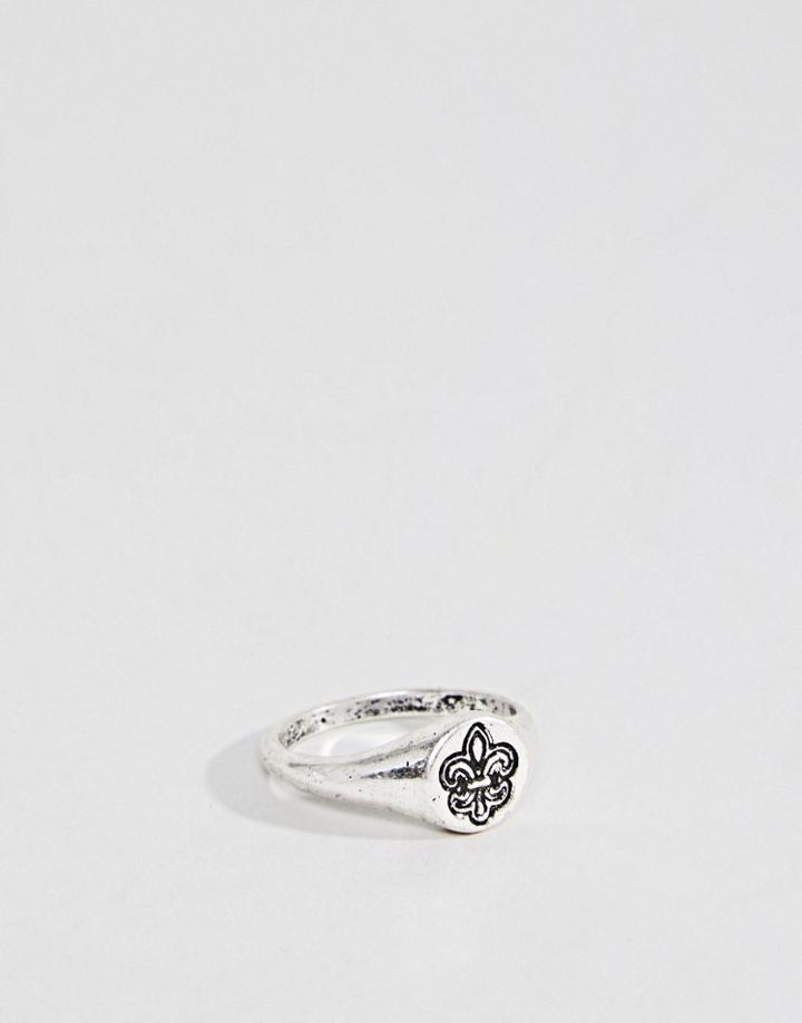 Asos Ditsy Signet Ring With Fleur De Lis - Silver