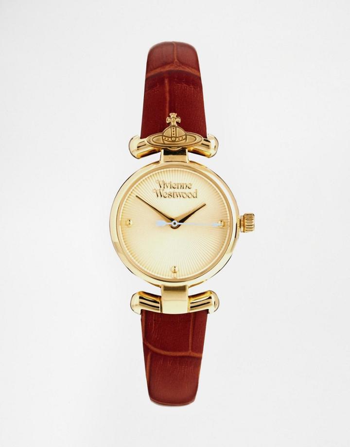 Vivienne Westwood Orb Brown Leather Strap Watch Vv090gdbr - Brown