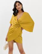 Asos Design Mini Dress In Satin With Asymmetric Kimono Sleeve - Gold