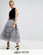 Asos Petite Tulle Midi Skirt With Tiers And Tie Waist Detail - Gray
