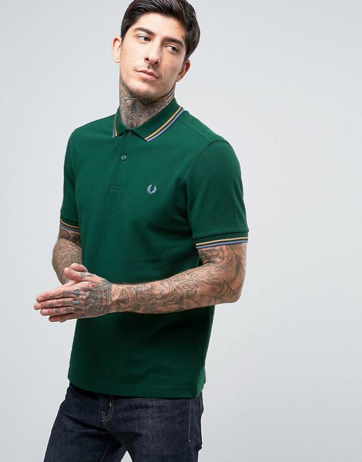 Fred Perry Slim Pique Polo Shirt Twin Tipped In Ivy Green - Green